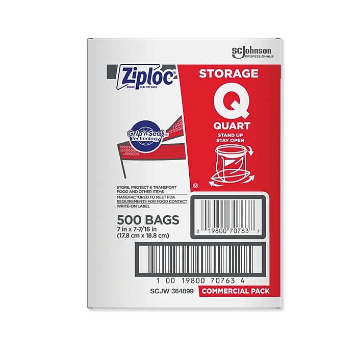 Ziploc Double Zipper Storage Bags, Quart, 500 Bags/Carton (682256