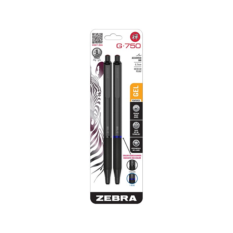 Zebra G-750 Retractable Gel Pens, Medium Point, Black/Blue Ink, 2/Pack (49802) image 1