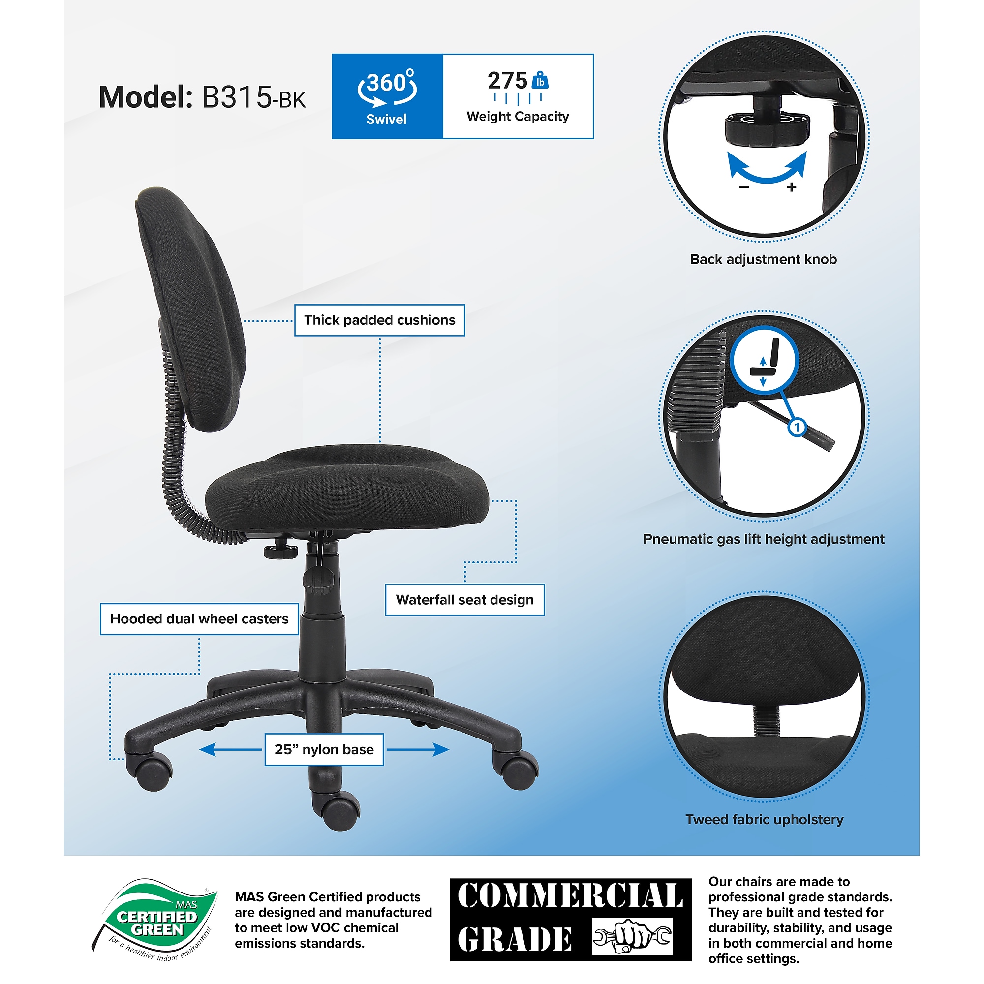 Boss Armless Ergonomic Fabric Swivel Task Chair, Black (B315-BK) Sansujyuku sansujyuku.com