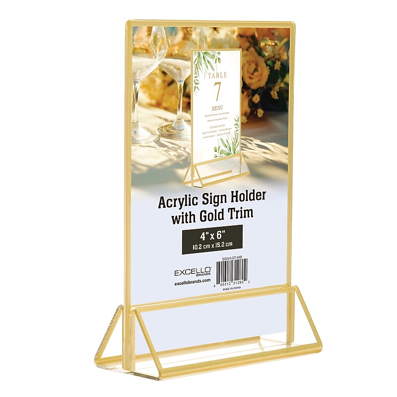 Excello Global Products Generic Holder, 4" x 6", Vertical, Desktop/Countertop, Gold Acrylic (SGNH-GT-4X6) image 1