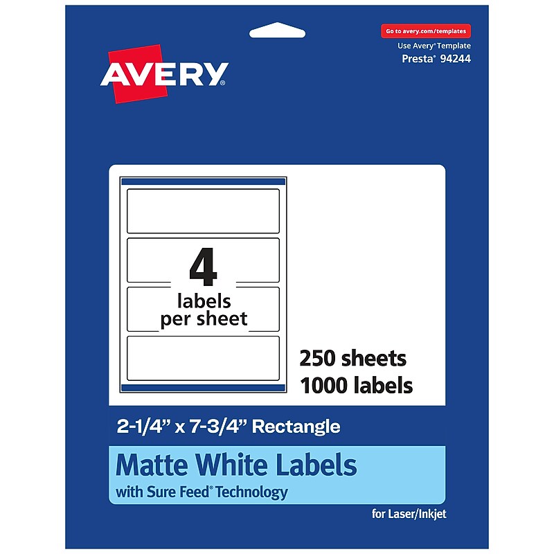 Avery Laser/Inkjet Rectangle Multipurpose Labels, 2.25" x 7.75", White, 1000 Labels/Box (94244) image 1