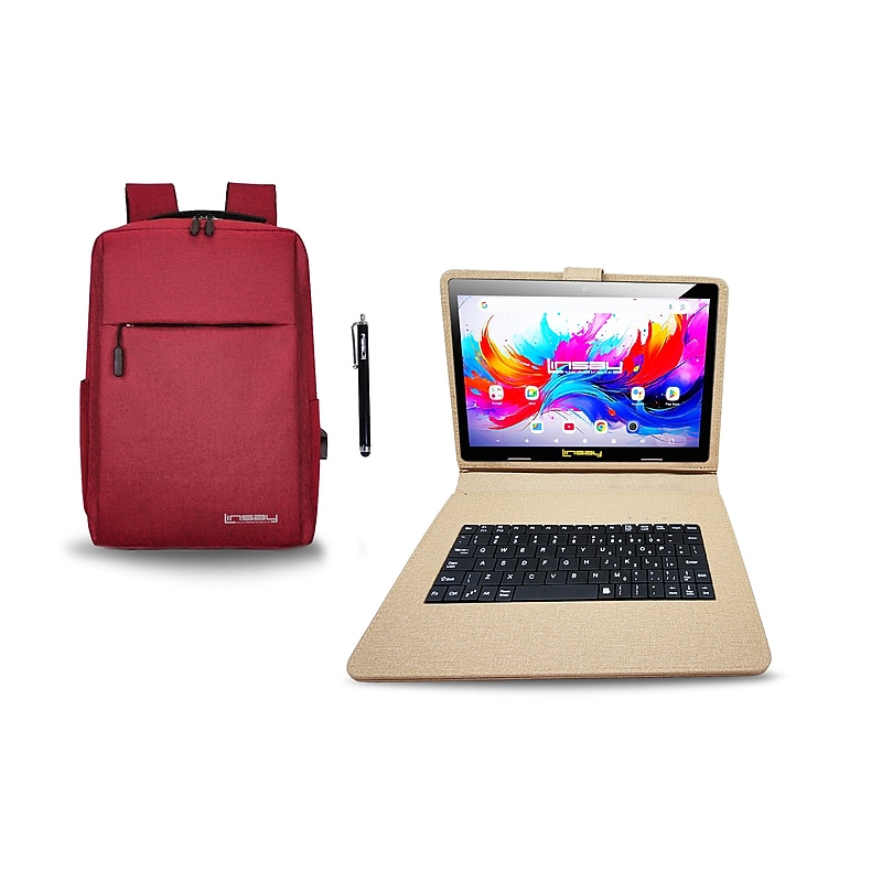 Linsay F10 Series 10.1" Tablet, Wi-Fi, Octa Core, 256GB eMMC, Android 15, with Brown Cloth Keyboard Case, Backpack, & Stylus Pen image 1