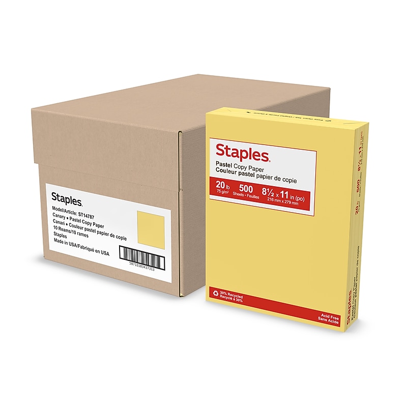 Staples Pastel 30% Recycled 8.5" x 11" Color Copy Paper, 20 Lbs., Canary, 5000 Sheets/Carton (14787-AA) image 1