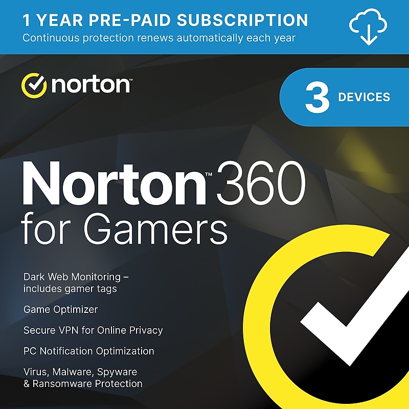 Norton 360 for Gamers for 3 Devices, Windows/Mac/Android/iOS, Download (21413621) image 1