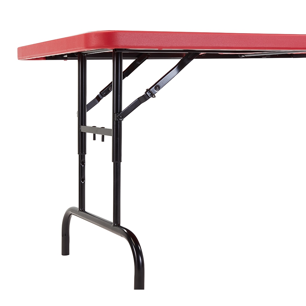 Close-up of underside of red folding table showing legs and braces