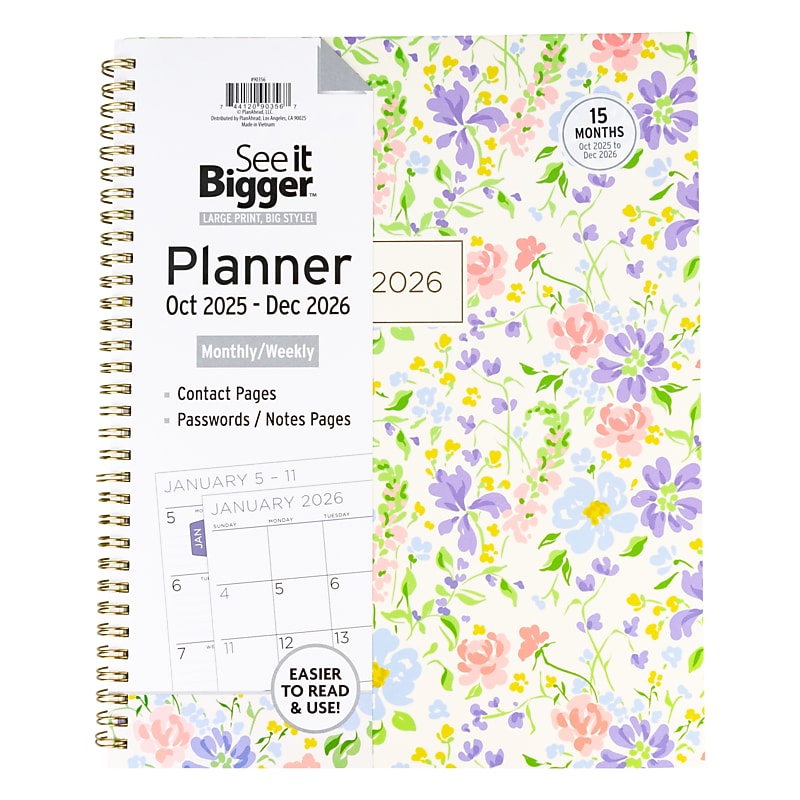 2025-2026 See It Bigger 0.75" x 9.25" Calendar Year Weekly & Monthly Planner, Paperboard Cover, Fashion Floral (90356) image 1