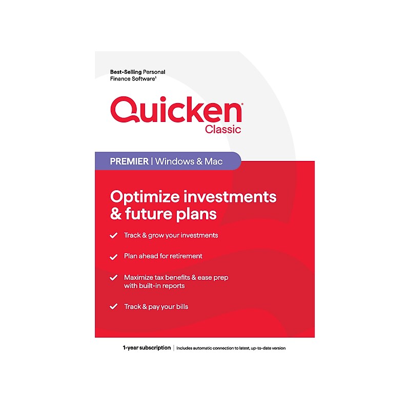 Quicken Classic Premier for 1 User, Windows/Mac/Android/iOS, Product Key Card (170454) image 1