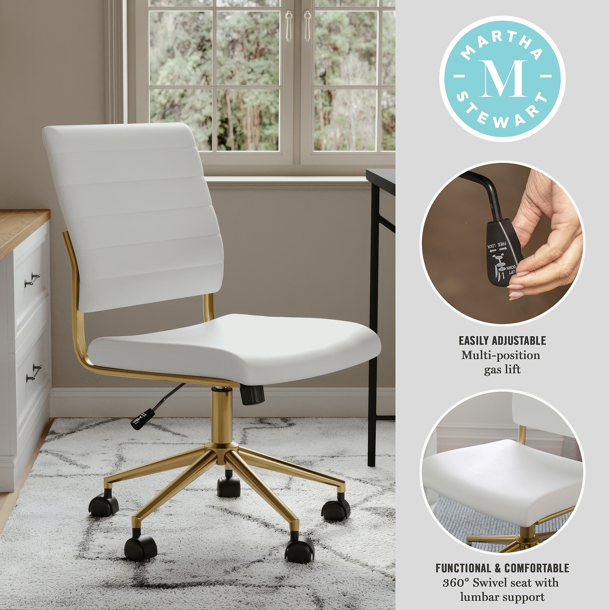 Martha Stewart Ivy Armless Faux Leather Swivel Office Chair, White/Polished Brass (CH2209211WHGLD) Sansujyuku sansujyuku.com
