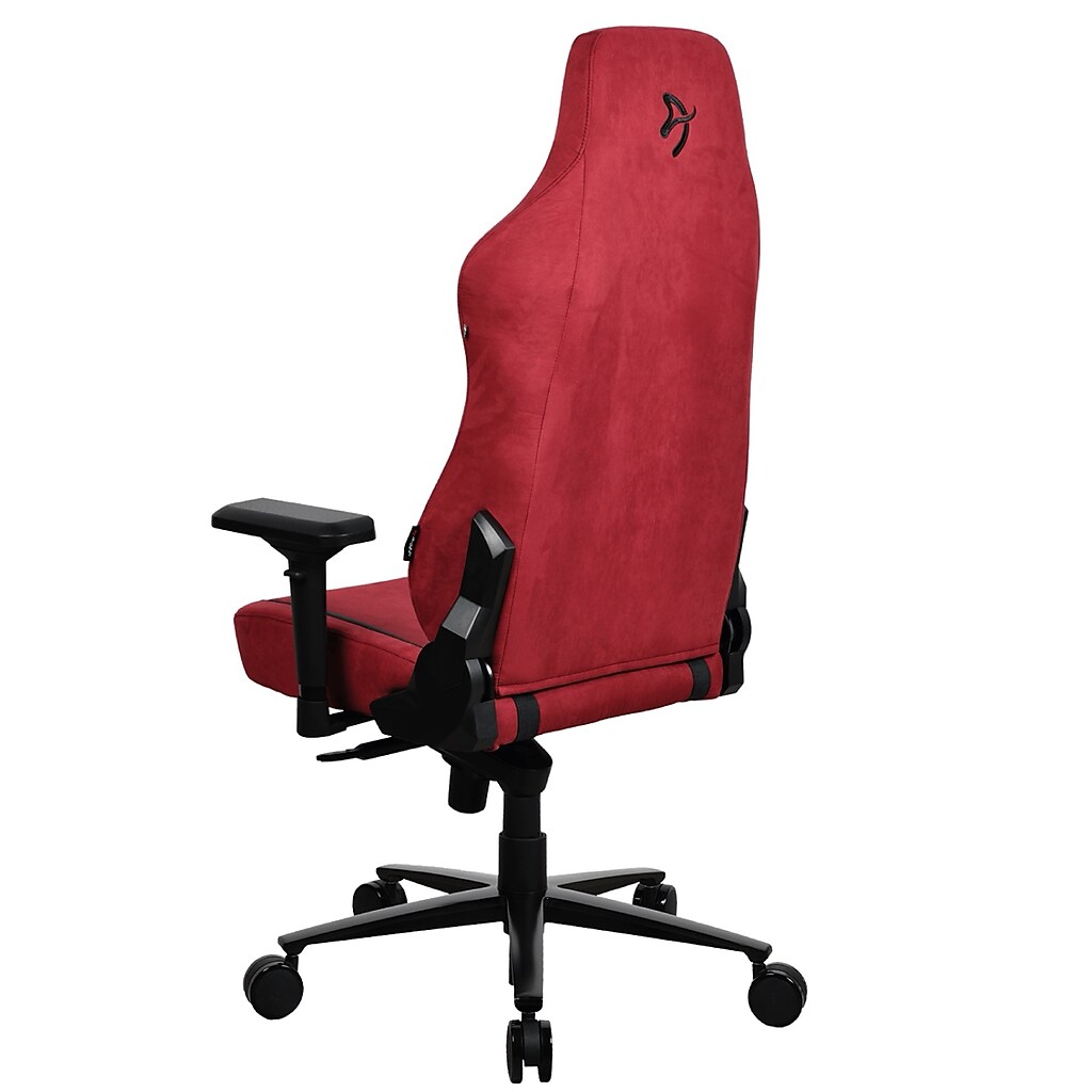 Side/back view of red racing chair showing armrest and upholstery