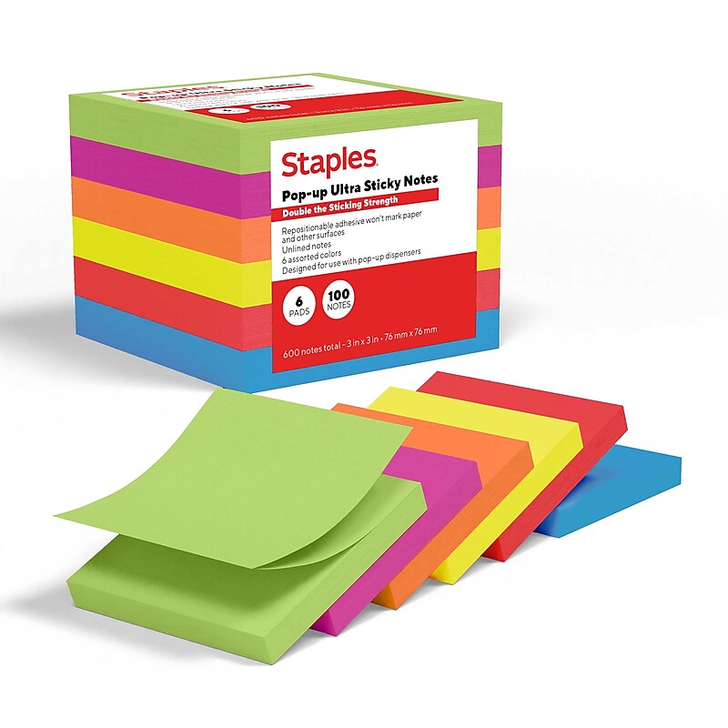 Staples Pop-up Ultra Sticky Notes, 3" x 3", Summer Breeze Collection, 100 Sheets/Pad, 6 Pads/Pack (ST62895) image 1