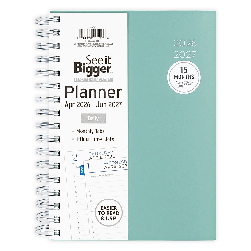 2026-2027 See It Bigger 8.75" x 7" Academic Year Daily Planner, Paperboard Cover, Sage Green (90593) image 1