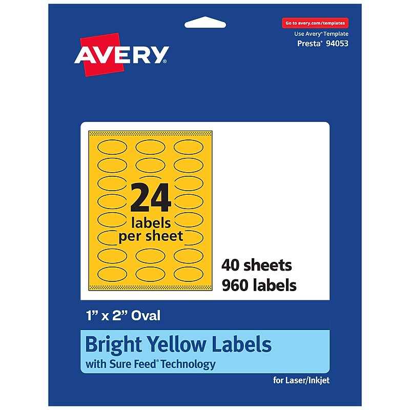 Avery Laser/Inkjet Oval Multipurpose Labels, 1" x 2", Bright Yellow, 960/Pack (94053) image 1