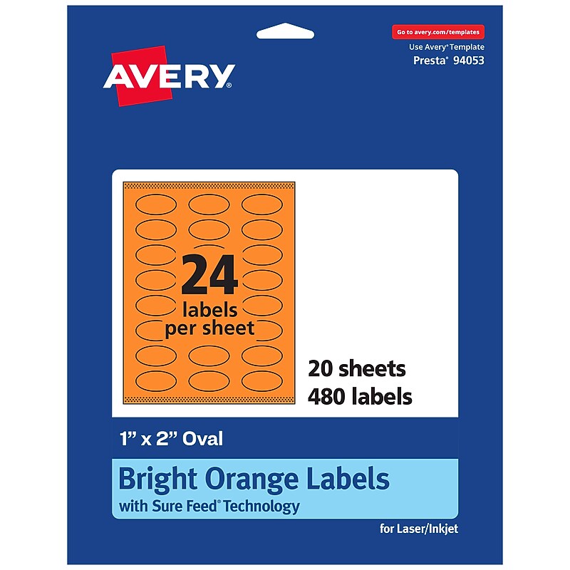 Avery Laser/Inkjet Multipurpose Oval Labels, 1" x 2", Bright Orange, 480/Pack (94053) image 1