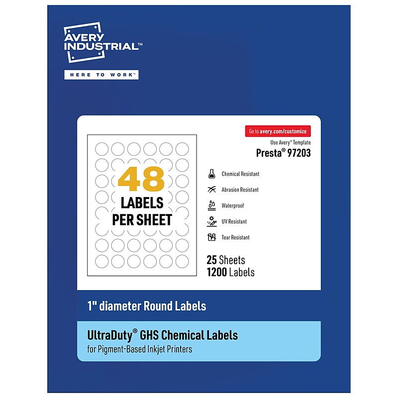 Avery Inkjet Round UltraDuty GHS Labels, 1" Dia., White, 1200 Labels/Pack (97203) image 1