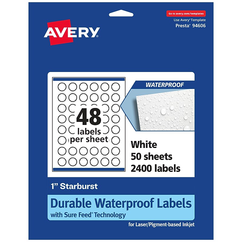 Avery Laser/Inkjet Starburst Waterproof Multipurpose Labels, 1"  Dia, White, 2400/Box (94606) image 1