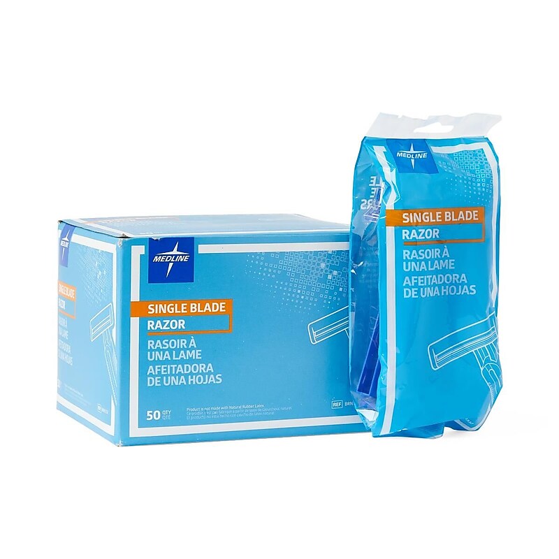 Medline Single Blade Facial Razors, Blue, 50/Box (BRN1332Z) image 1