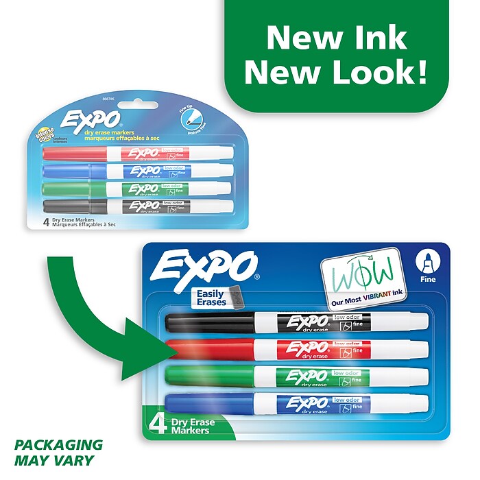 Expo Low Odor Dry Erase Markers, Fine Tip, Assorted Colors, 4/Pack