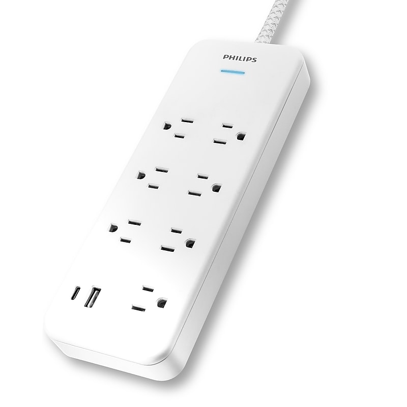 Philips Adapter Spaced 7-Outlet Surge Protector with USB Charging, 1500J,  6 ft. Braided Cord, White (SPP3983W/37-T1) image 1