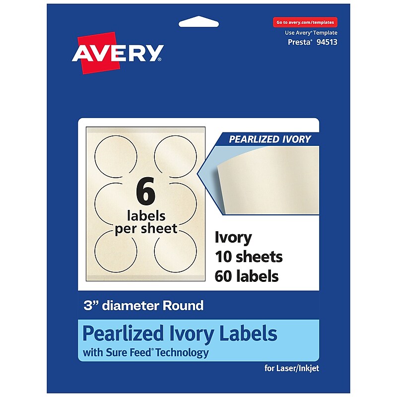 Avery Laser/Inkjet Round Multipurpose Labels, 3" Dia., 60 Labels/Pack (94513) image 1