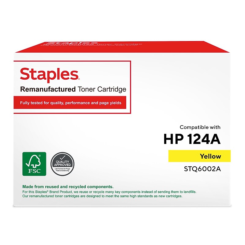 Staples Remanufactured Yellow Standard Yield Toner Cartridge Replacement for HP 124A (TRQ6002A/STQ6002A) image 1