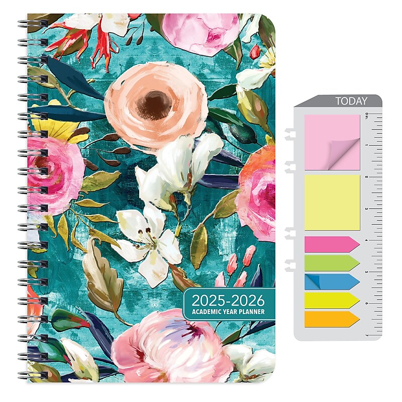 2025-2026 Global Printed Products Teal Floral 5.5" x 8" Academic Weekly & Monthly Planner, Plastic Cover image 1