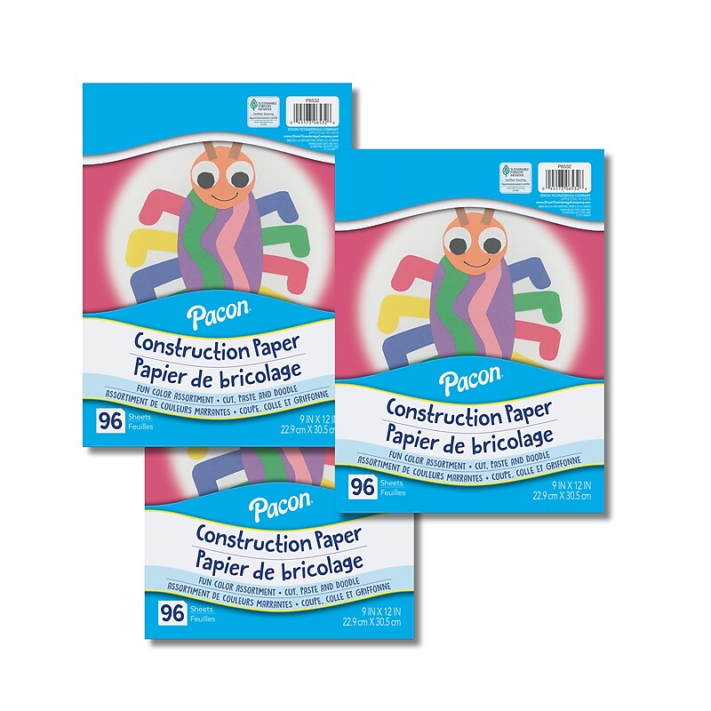 Pacon Construction Paper 9" x 12" Construction Paper, Assorted Colors, 96 Sheets/Pack, 3 Packs/Bundle (PAC6532-3) image 1