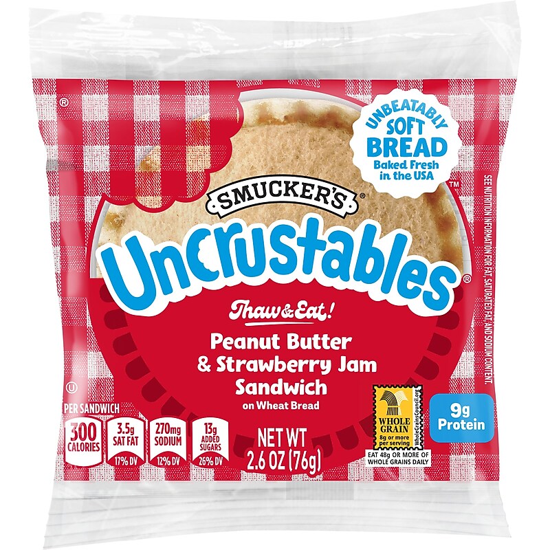 Smuckers Uncrustables Wheat Peanut Butter & Strawberry Jam Sandwiches, 2.6 oz., 48/Count (220-02220) image 1