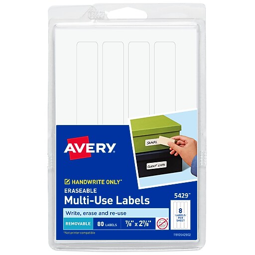 Avery Erasable Multiuse Removable Labels, 7/8" x 27/8", White, 8