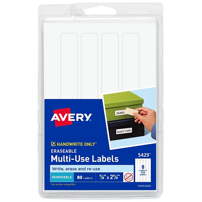 Avery Erasable Multipurpose Labels, 7/8" x 2-7/8", White, Non-Printable, 80 Labels/Pack (5429) image 1