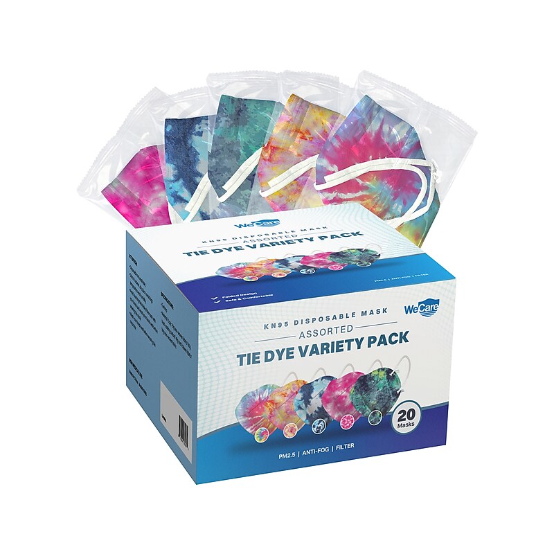 WeCare Tie Dye Disposable KN95 Fabric Face Masks, One Size, Assorted Colors, 20/Pack, 50 Packs/Carton (TBN203263) image 1