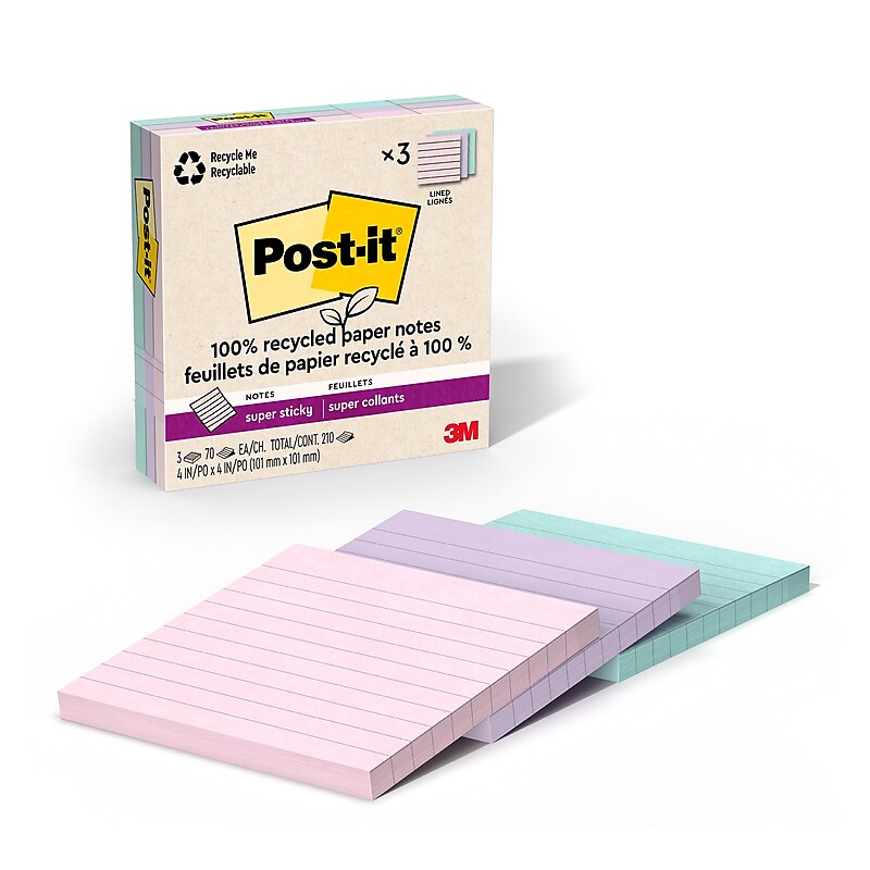 Post-it Recycled Super Sticky Notes, 4" x 4", Wanderlust Pastels Collection, Lined, 70 Sheets/Pad, 3 Pads/Pack (675R-3SSNRP) image 1