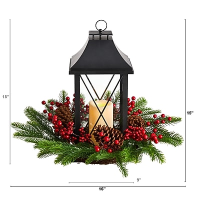 Nearly Natural 16" Holiday Christmas Berries, Pinecones & Greenery with Lantern and LED Candle - Thumbnail 3