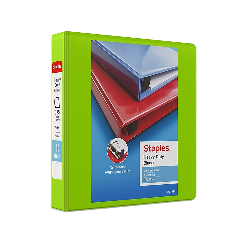 Staples Heavy Duty 1 1/2" 3-Ring View Binder, D-Ring, Chartreuse (ST56320-CC) image 1