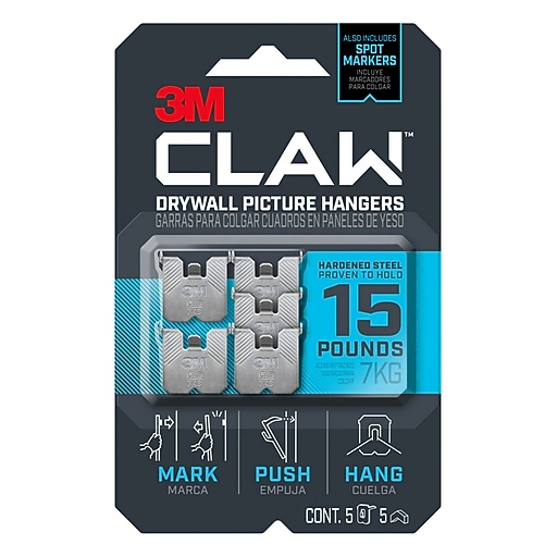 3M CLAW Drywall Hanger, 15 lbs., Silver, 5/Pack (3PH15M5ES) Staples