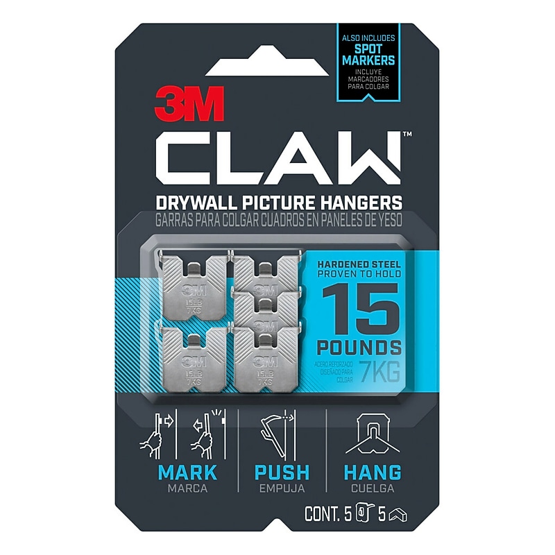 3M CLAW Drywall Hanger, 15 lbs., Silver, 5/Pack (3PH15M5ES) image 1