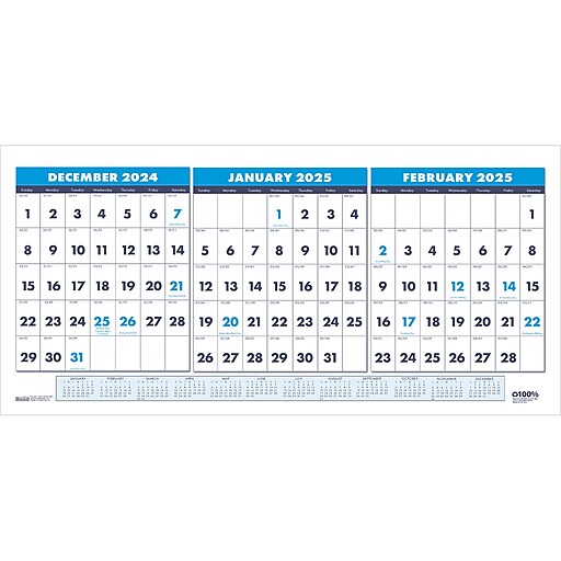 2025 House of Doolittle 17" x 8" ThreeMonth Wall Calendar, White/Blue (364725) Staples