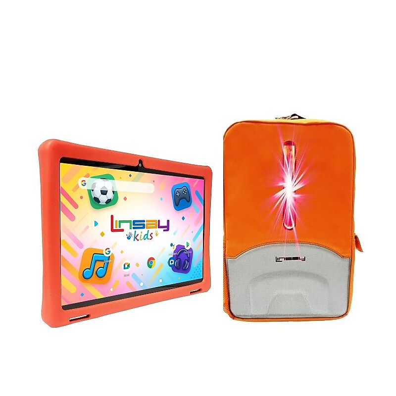 Linsay 10.1" Tablet, Wi-Fi, Octa Core, 256GB eMMC, Android 15, with Red Kids Defender Case and LED Backpack Orange image 1