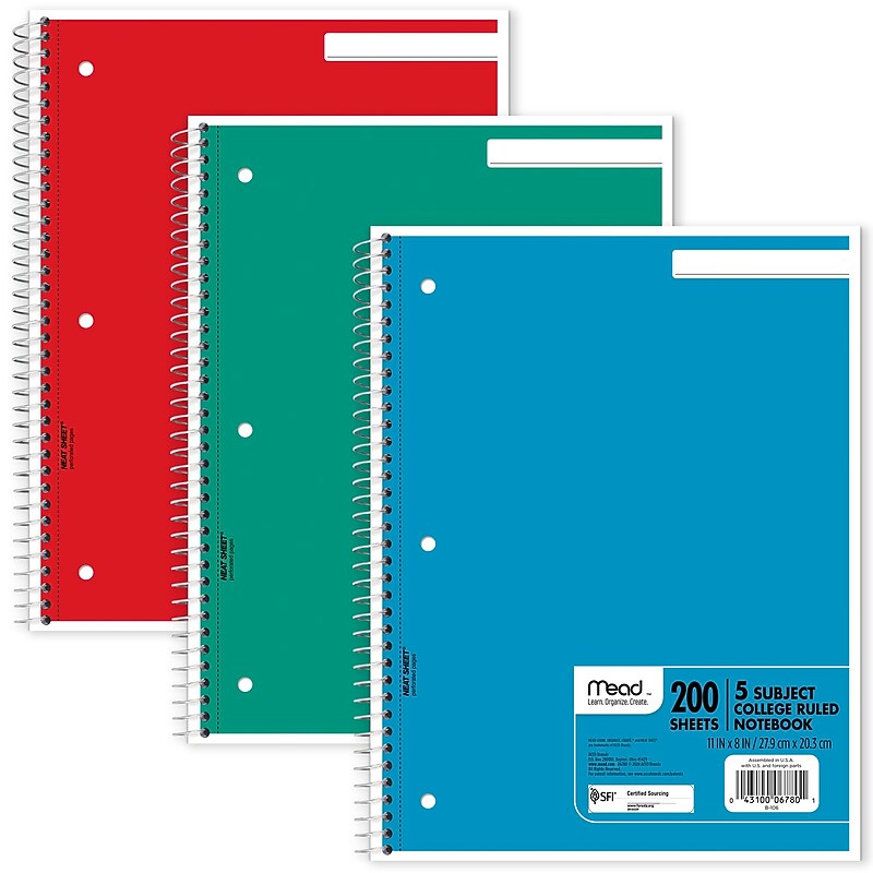 Mead 5-Subject Notebook, 8.5" x 11", College Ruled, 200 Sheets, Color chosen at random (06780) image 1