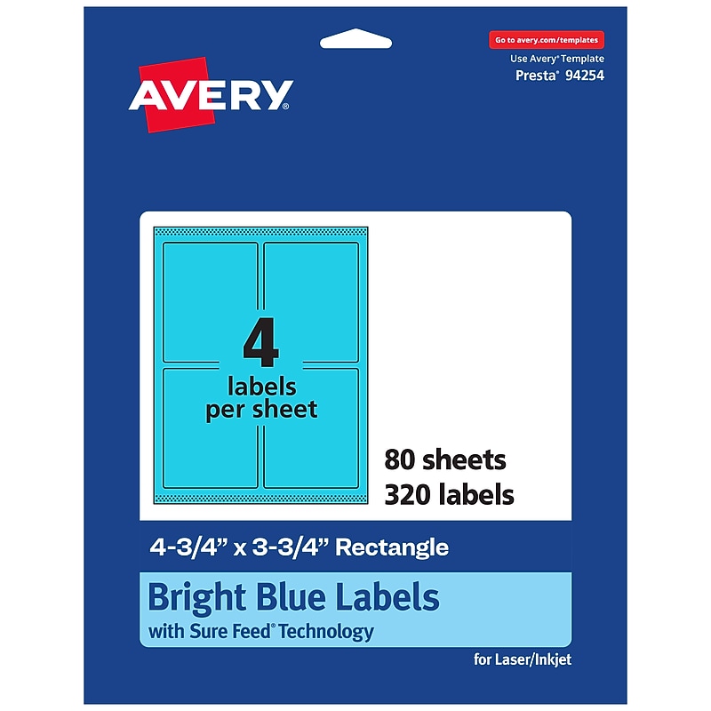 Avery Laser/Inkjet Multipurpose Rectangle Labels, 4.75" x 3.75", Bright Blue, 320/Box (94254) image 1