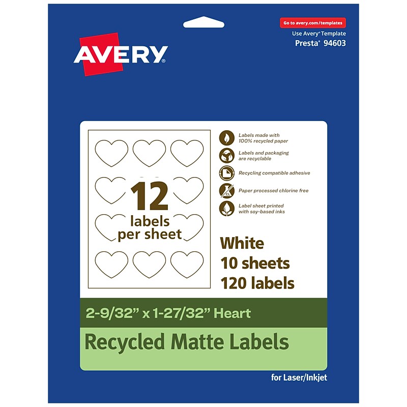 Avery EcoFriendly Heart Shaped Laser/Inkjet Multipurpose Labels, 2-9/32" x 1-27/32", White, 120/Pack (94603) image 1