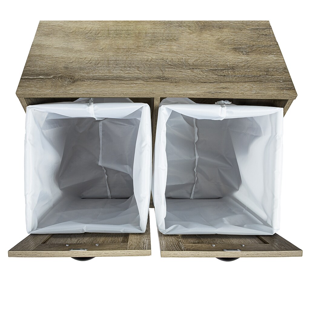 Open view of two-compartment cabinet showing liners inside.