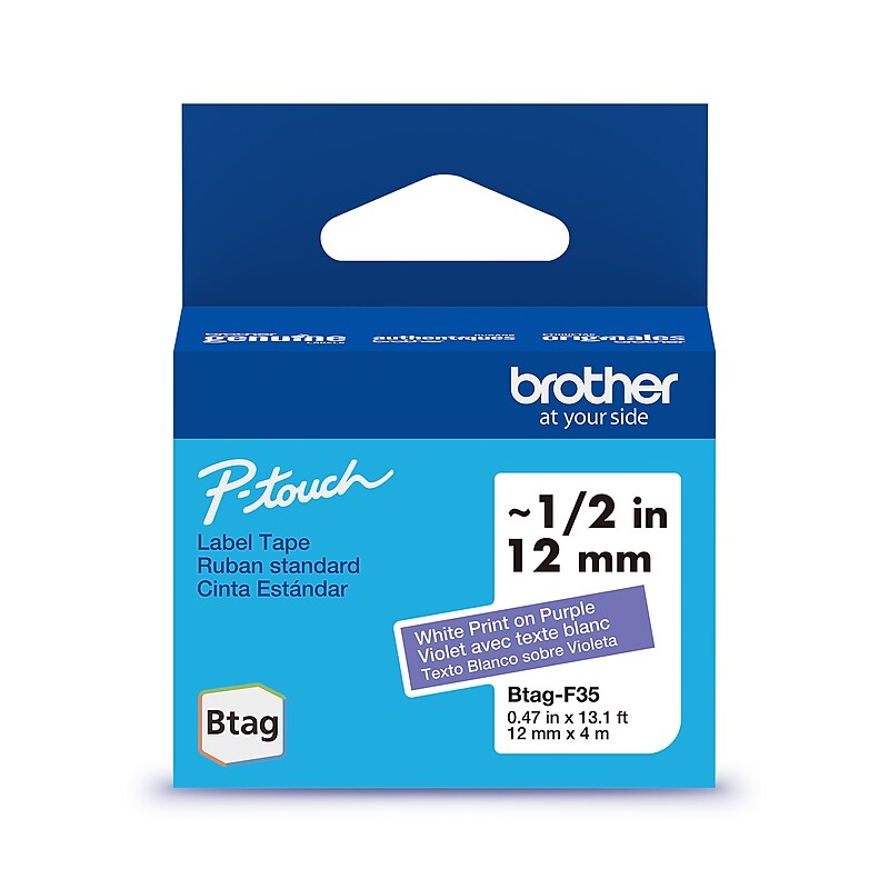 Brother P-touch Btag Label Tape, 1/2" x 13.1' (12mm x 4m), White on Purple (BTAGF35) image 1