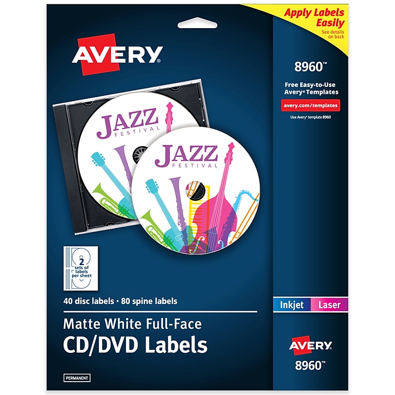 Avery Inkjet Full Face CD Labels, Matte White, 2 Labels/Sheet, 20 Sheets/Pack, 40 Labels/Pack (8960) image 1
