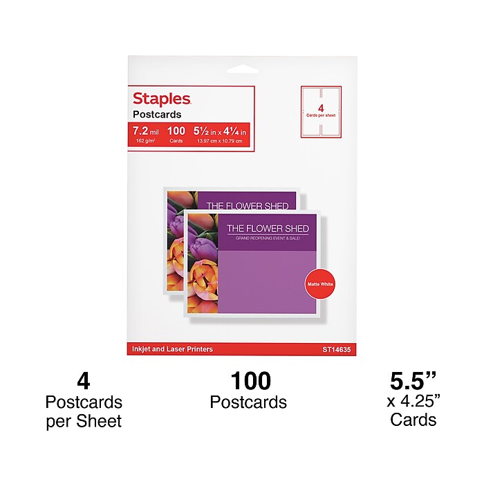 Staples® Matte Postcards, White, 100/Box (ST14635) | Staples