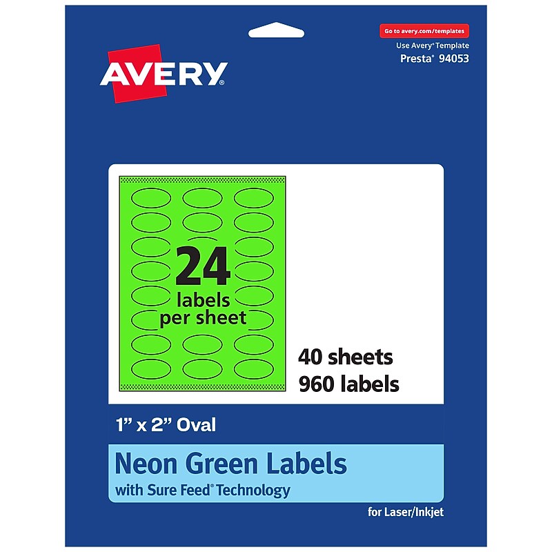 Avery Laser/Inkjet Multipurpose Oval Labels, 1" x 2", Neon Green, 960/Pack (94053) image 1