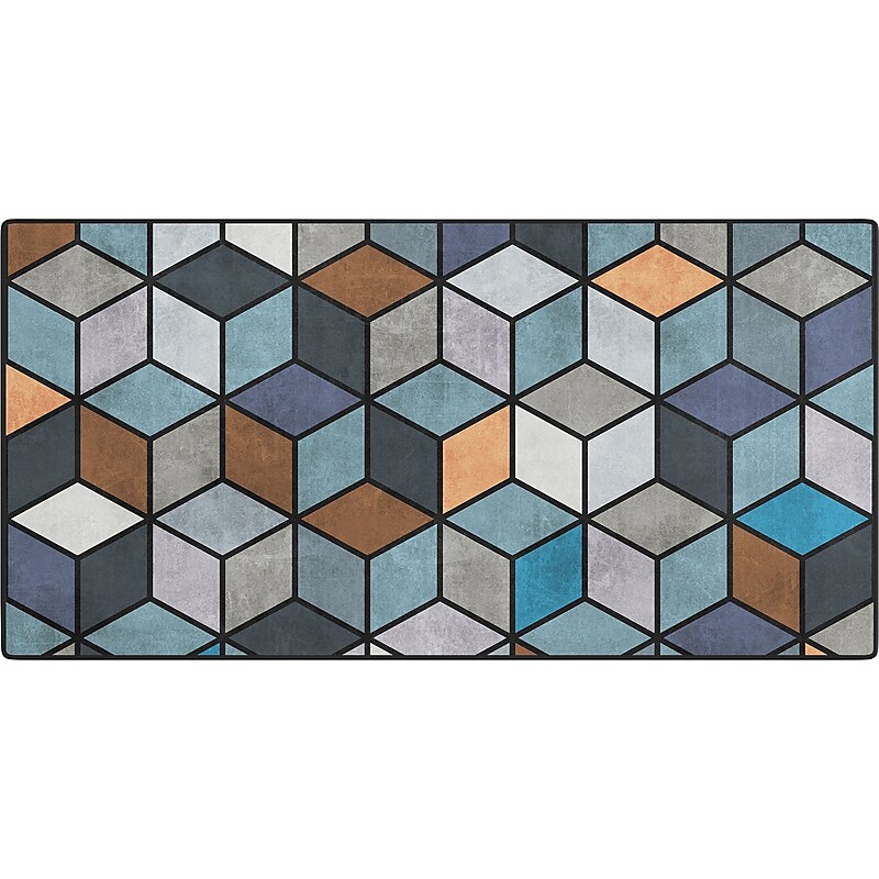DENY Designs Colorful Concrete Cubes Blue by Zoltan Ratko Anti-Slip Polyester Desk Pad, 15.5" x 31.5", Multicolor image 1