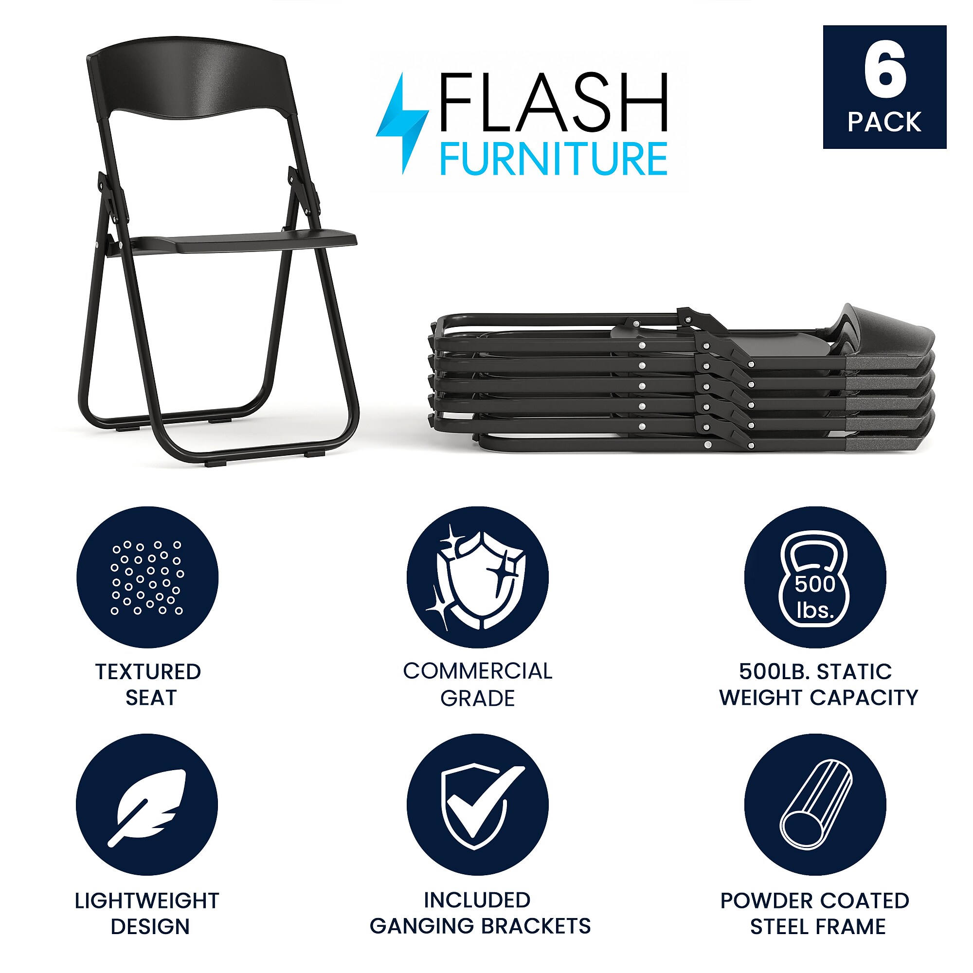 Flash Furniture HERCULES Series Plastic Folding Chair, Black, 6/Pack (6RUTIBLK) Sansujyuku sansujyuku.com