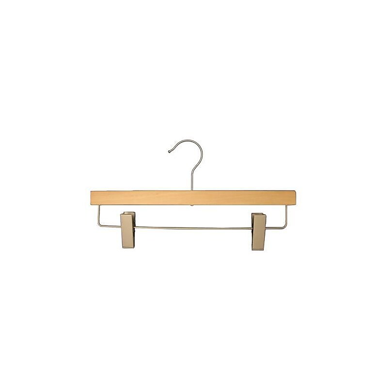 NAHANCO 14" Wood Skirt/Slack Hanger With Clips, Brushed Chrome Hook, Low Gloss Natural, 100/Pack (21014RC) image 1