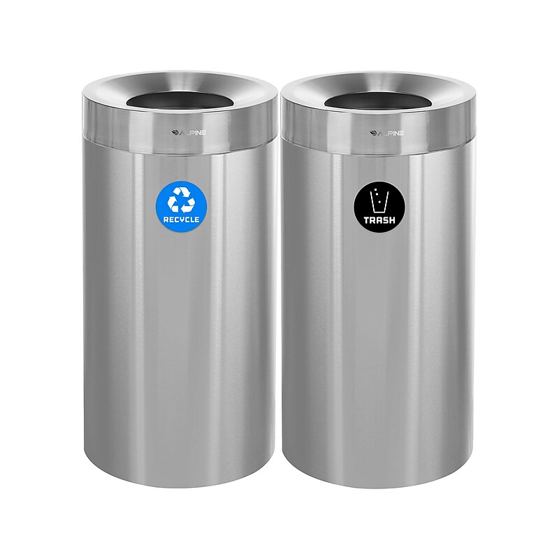 Alpine Industries Stainless Steel Recycling Bin and Trash Can with Open Lid, 27 Gallon, Silver, 2/Pack (ALP475-27-R-T) image 1