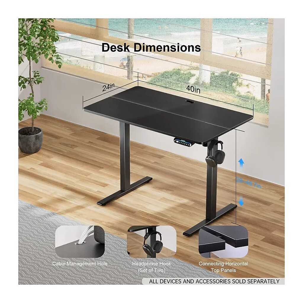 Desk dimensions illustration showing 24in depth and 40in width
